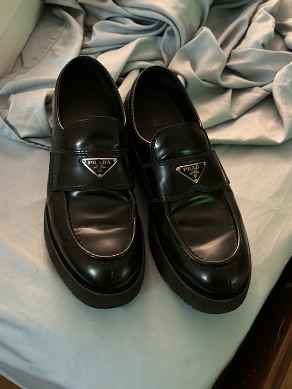 Prada Black Leather Platform Penny Loafers with Triangle Logo - Picture 2 of 6